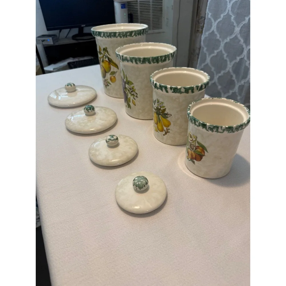 Vintage Himark Italy Ceramic Fruit Canister Set 4 Piece Green Trim Farmhouse